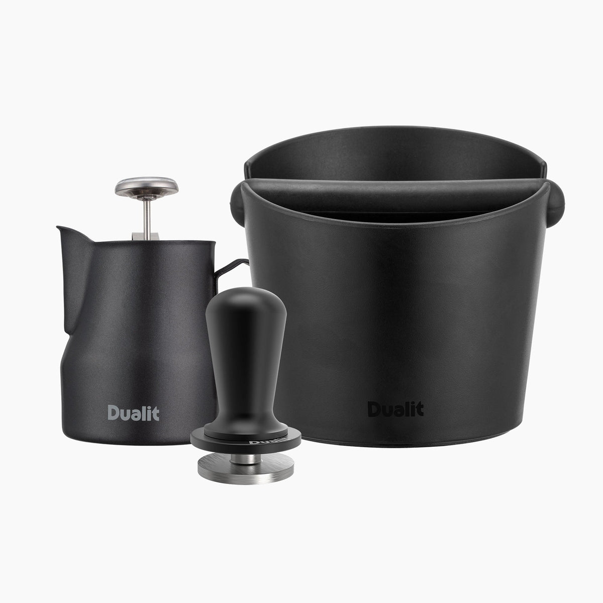 Dualit Barista Set with milk jug, knock box and tamper