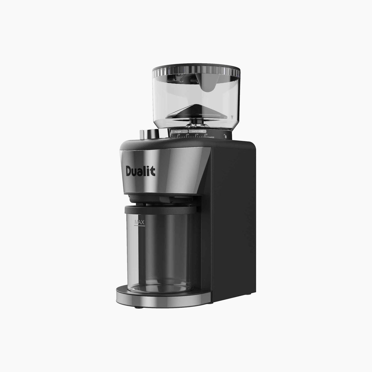 Dualit Burr Coffee Grinder in black, three-quarter view