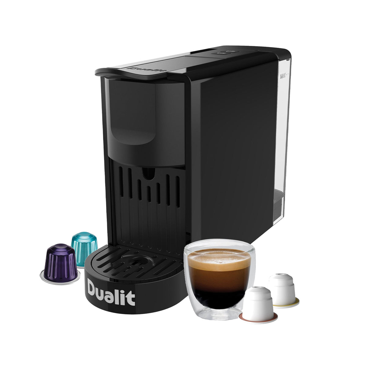 Dualit Pod Machine in black with an espresso