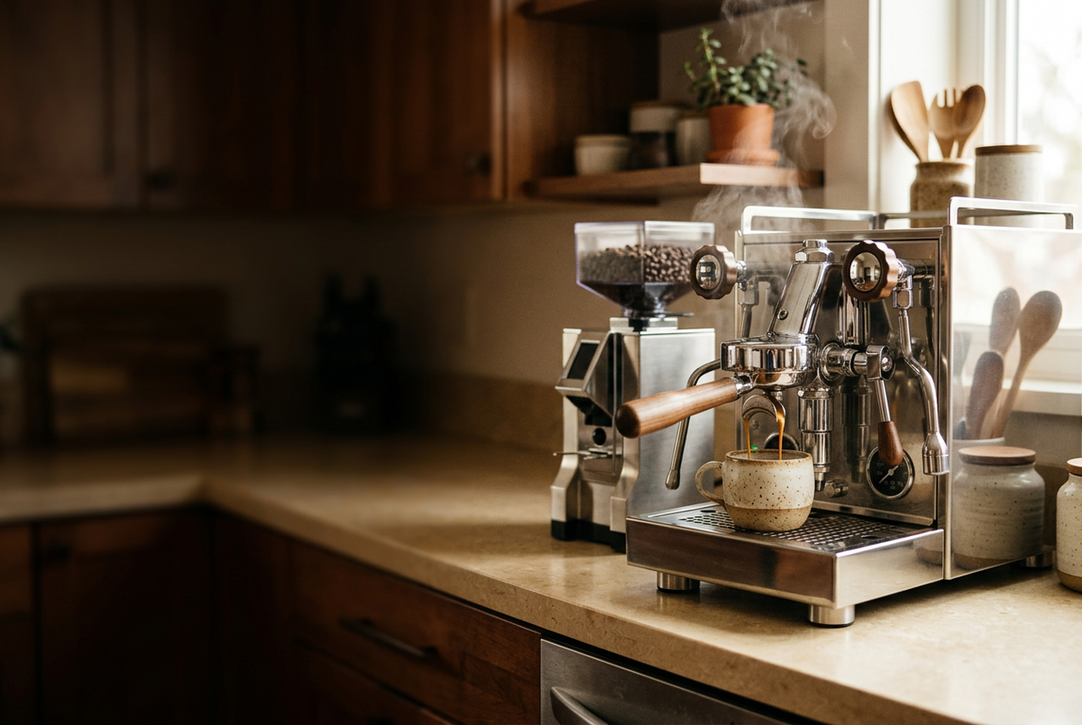 Warm home-coffee banner with an espresso machine
